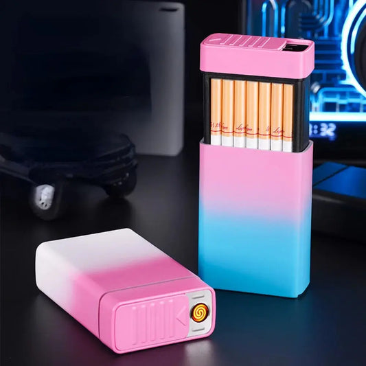 Cool Cigarette Case Holds 20pcs Cigarettes Type C Rechargeable Windproof Tungsten Wire Lighter Magic Smoking Box Funny Men Gift Cendrier art